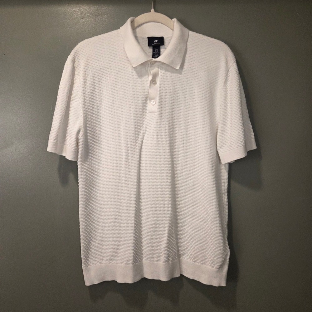 H&M Men's Slim Fit Textured Polo Shirt Size M Ivory Cream Short Sleeves Knit